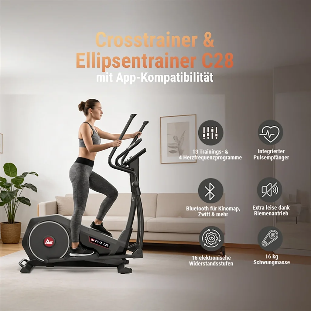 Der AsVIVA Crosstrainer C28 Runner in der Gesamtansicht als elliptischer Ergometer für das Heimtraining
