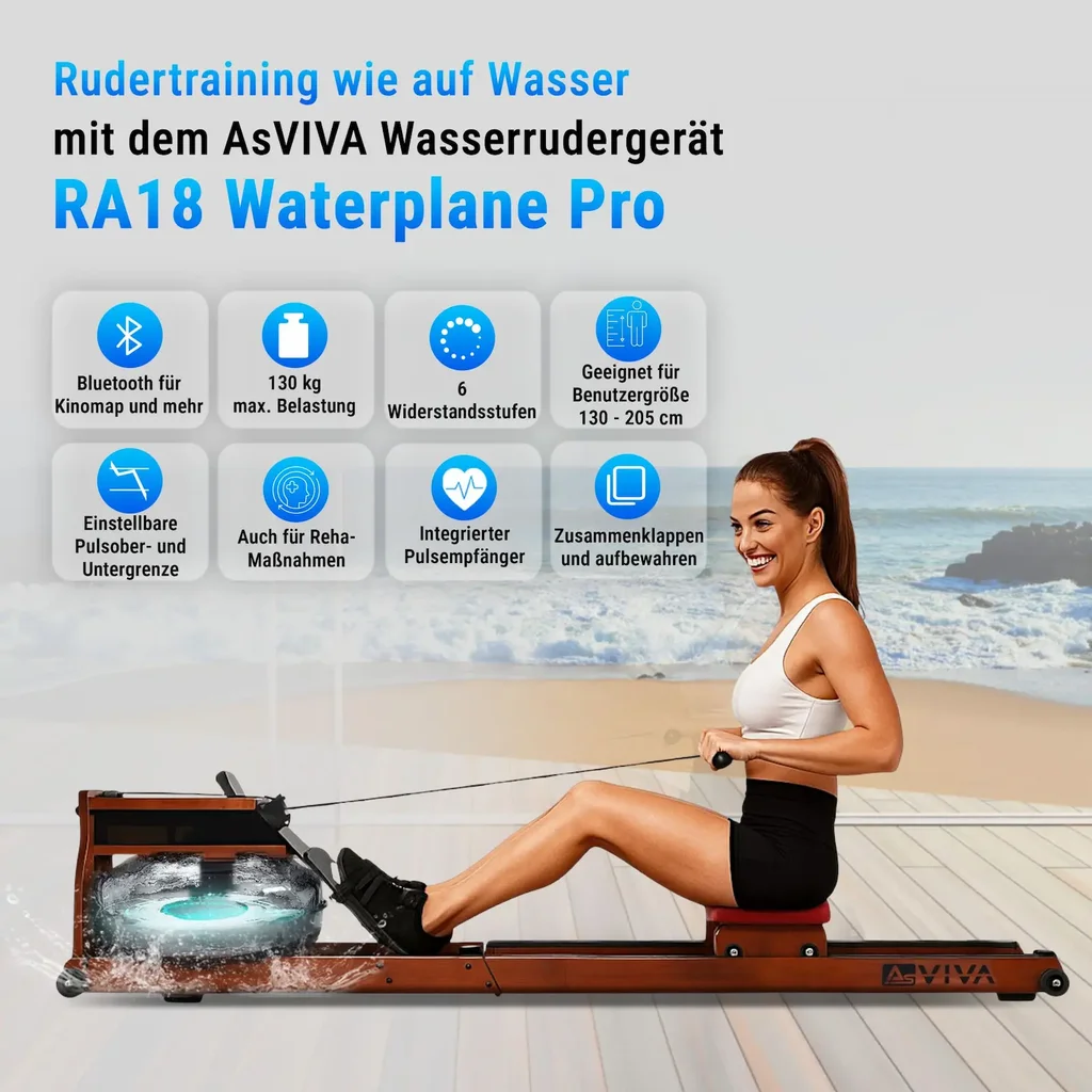 AsVIVA Wasser-Rudergerät RA18 Pro mit WaterPlane-Wassertank in der Gesamtansicht