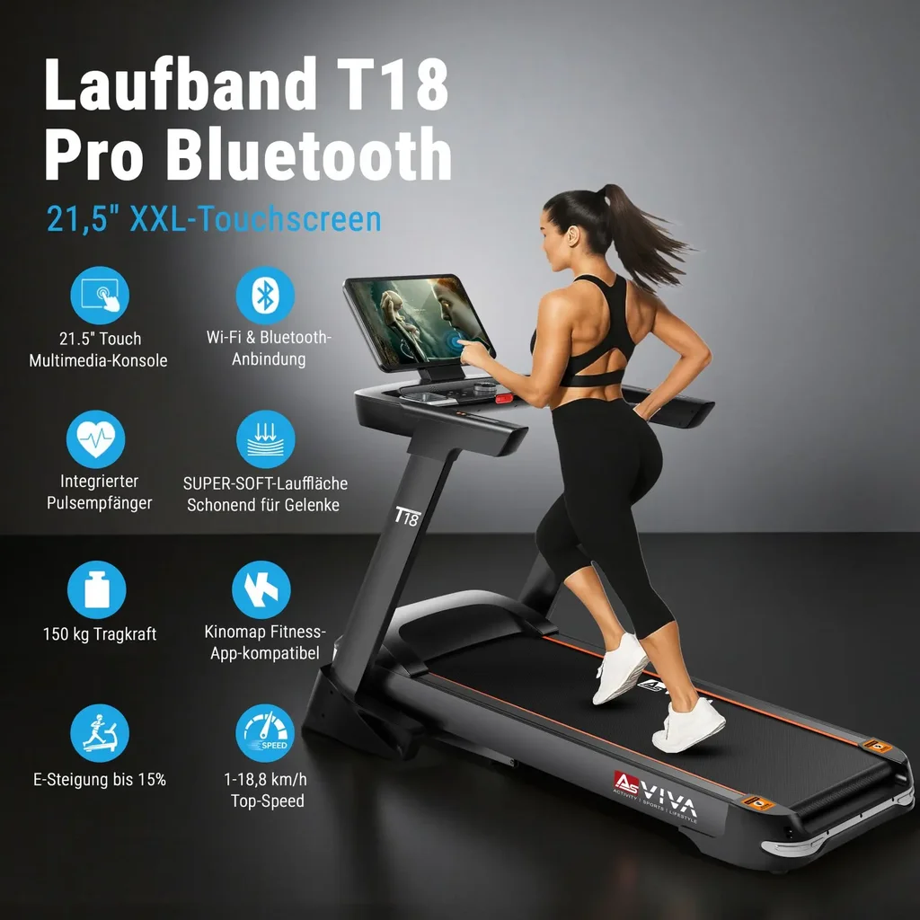 Das AsVIVA Laufband Smart T18 Pro in der seitlichen Gesamtansicht mit Laufdeck und klappbarem Rahmen